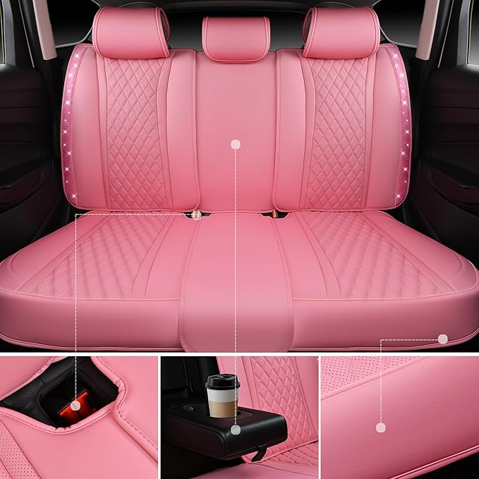CAR PASS Pink Nappa Leather Car Seat Covers for Full Seats, Bling Diamond Waterproof Seat Protectior Universal Fit Auto SUV S
