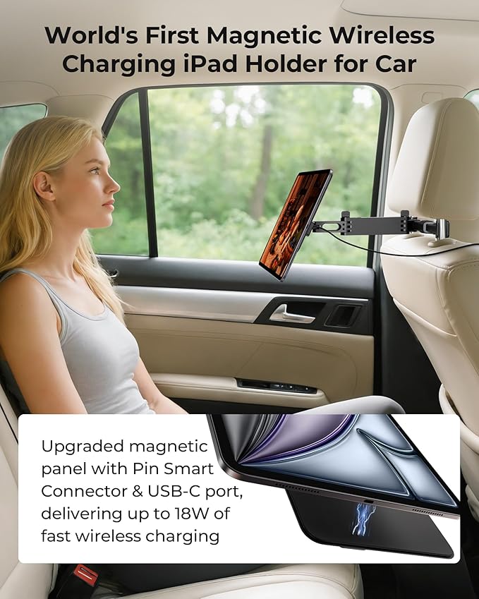 KUXIU Magnetic Wireless Charging Car Headrest Holder for iPad Pro 12.9/Air 13 M2/M3, Adjustable Long Arm Tablet Mount Back Seat for Kids, Road Trip Essentials Stand for iPad Pro 12.9'' 3rd/4th/5th/6th