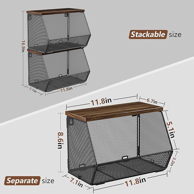 Stackable Fruit Basket for Kitchen Countertop Space Saving, Wall Mounted Mesh Metal Wire Baskets with Wood Lid Extra Storage,