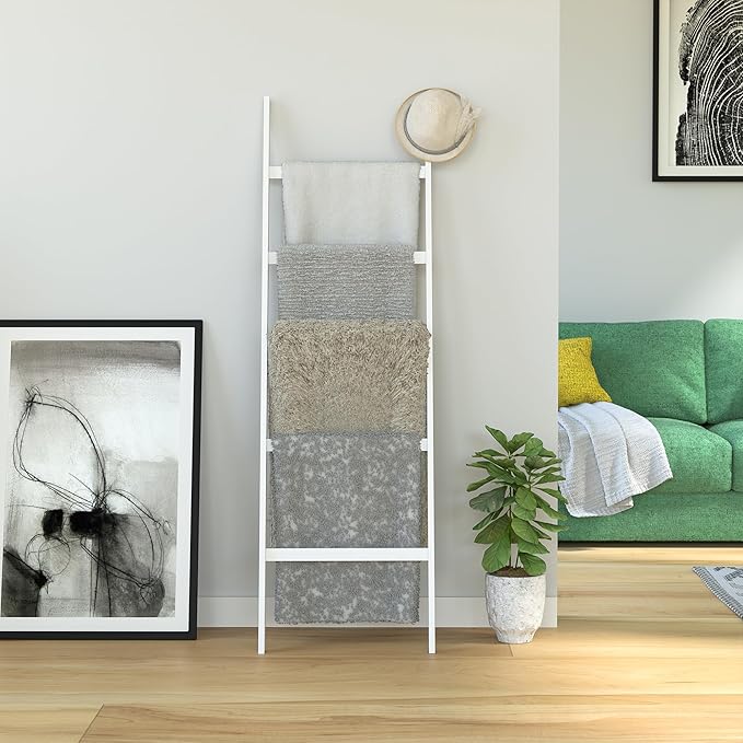 WTZ Bamboo Blanket Ladder, 5-Layer Towel Racks, Blanket Holder with Anti-Slip Construction Home Decor, Decorative Blanket, Qu