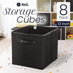 Reli. 13x13x13 Storage Cube Bins (8 Pack) | Large Cube Organizer Bins | 13x13 Fabric Storage Boxes | Fits Kallax | Collapsibl