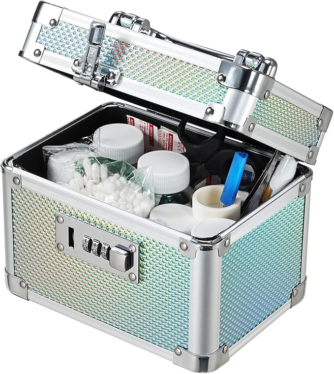 Adazzo Lockable Medicine Storage Box - Shiny Turquoise Cabinet Med Lock Organizer, 7 * 5.25 * 5.75 Inches Safe Case with Comb