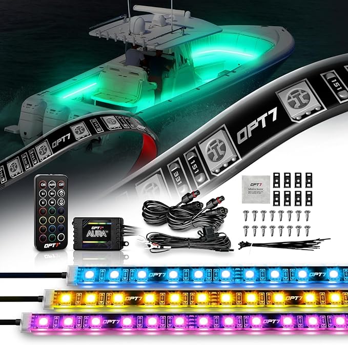 OPT7 Aura Marine LED Boat Lights with Remote, 4PCS 12V RGB Waterproof Interior Strip Lighting, Neon Accent Multi Color Deck Underglow Kit for Fishing Pontoon Bass Jon Yacht RV, Easter Gifts