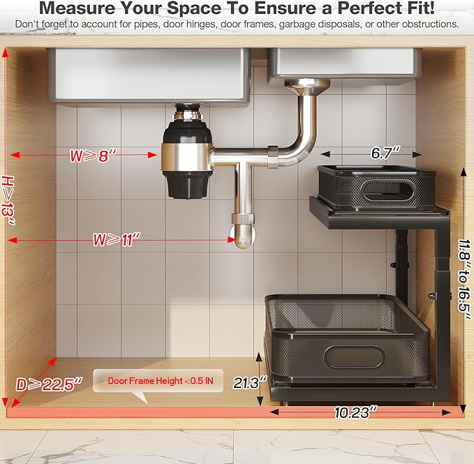 2-Pack 21.3 IN Depth Under Sink Organizer With Next-Gen Ball-Bearing Slides,Sophisticated Mesh 2-Tier Pull Out Shelf for Kitc