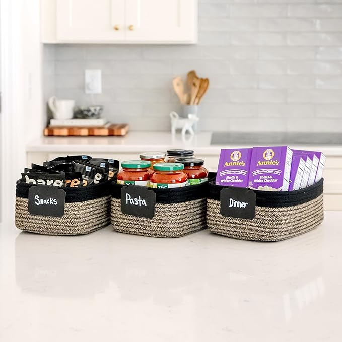 NaturalCozy 11.8"x8"x4.5” Rectangle Storage Baskets for Shelves 3 Pack | Cotton Rope Woven Small Baskets for Organizing | Sma