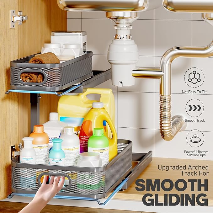 1-Pack Under Sink Storage Organizer with 2-Tier Slide Out Drawer, Sophisticated Mesh Pull Out Shelf for Kitchen & Bathroom, F