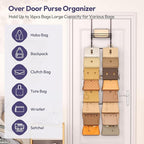 SWTYMIKI Over The Door Purse Organizer - Wall Mounted Handbag Organizer with 16 Hooks and Metal Basket, Hanging Purse Storage