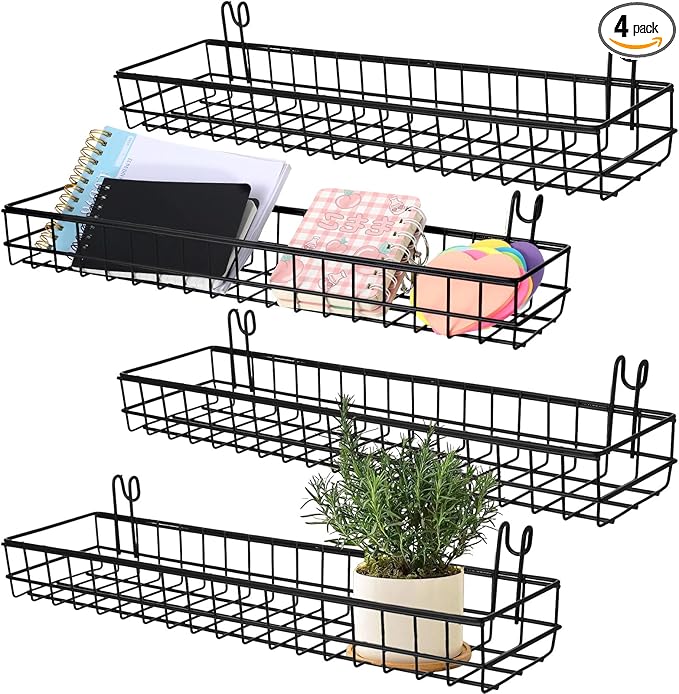 4 Pcs Wire Baskets Wall Grid Panel Hanging Wire Basket Hanging Wall Baskets No Drilling Wall Hanging Baskets Grid Wall Storag