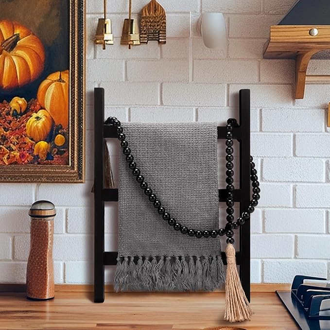 AceOrbit 2 Pcs 14'' Tea Towel Ladder with 3.3 ft Vintage Wood Bead Garland Small Decorative Ladder Hand Towel Stand Mini Blan