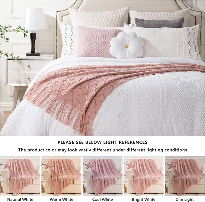 BATTILO HOME Blush Throw Blanket with Tassels, Pink Knit Blanket for Home Decor, Boho Style Textured Knitted Decorative Twin 