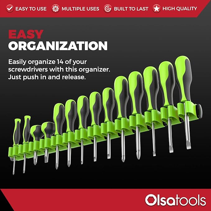 Olsa Tools Premium Wall-Mount Screwdriver Organizer - Black Nylon with Neon Green Clips - Holds 14 Screwdrivers - Part: 1031