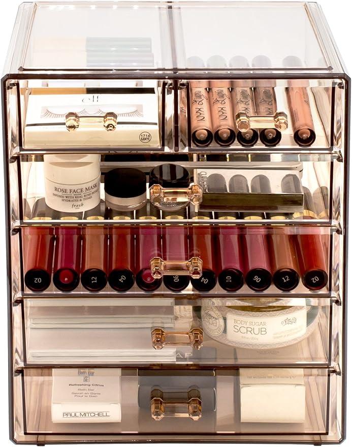 Sorbus Acrylic Makeup Organizer Set, 6-Drawer Vanity & Countertop Cosmetic Storage with Small & Wide Drawers, Bronze Glow Mak