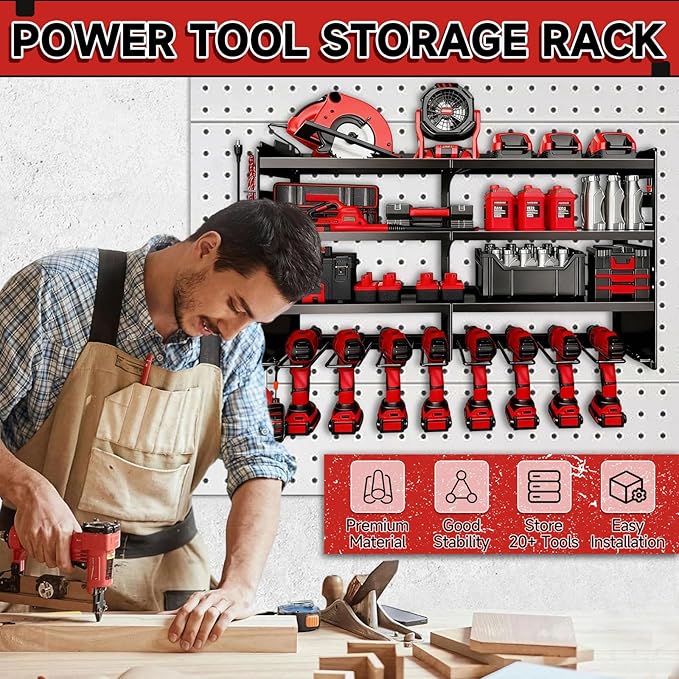 33" W Power Tool Organizer with Charging Station, 4 Layers Heavy Duty Metal Tool Storage Rack Wall Mount 8 Cordless Drill Hol