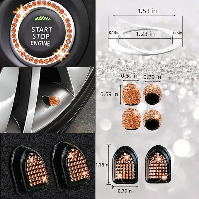 NBTEPEM 30 Pcs Orange Bling Car Accessories Set for Women, Steering Wheel Cover Set, Bling Console Cover, Seat Belt Cushion, Shift Knob Cushion, Cup Holder Coaster, Rhinestone Car Hanging Accessories