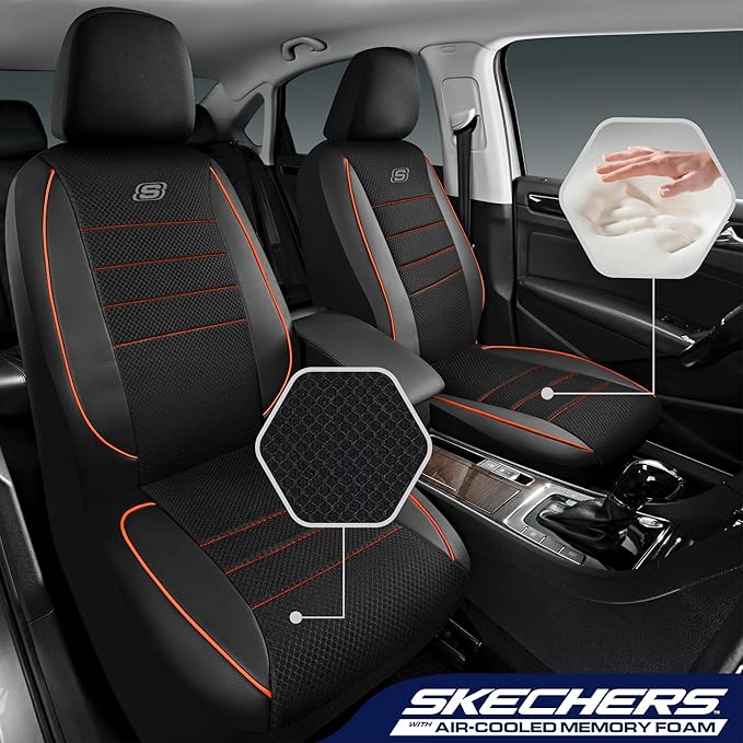 Skechers Air-Cooled Memory Foam Seat Covers,Mesh Thick Car Seat Covers,Piping Leather Car Seat Covers Front Seats,Airbag Comp