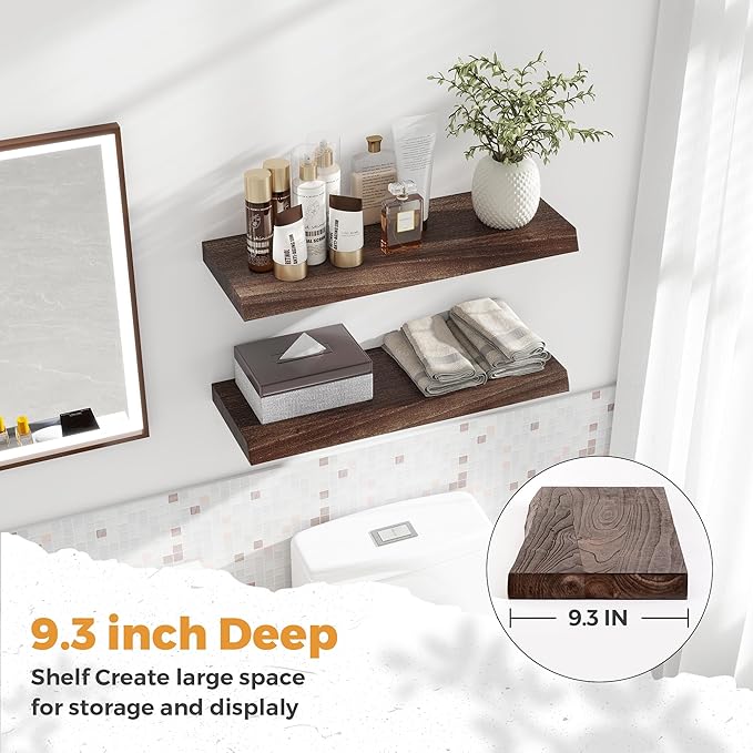 RICHFOCUS Live Edge Elm Floating Shelves - 24" W x 9.3" D Rustic Solid Wood Wall Shelves with Invisible Bracket, Wall-Mounted