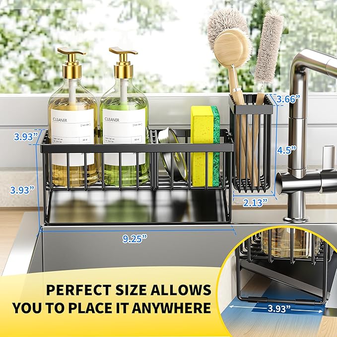 Cisily Sink Caddy Sponge Holder for Kitchen with Brush Holder and Stainless Steel Self Drain Tray, Rustproof Kitchen Sink Org