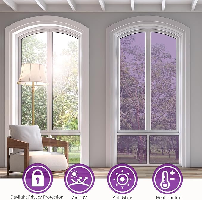 KESPEN Window Privacy Film One Way Daytime Privacy Static Cling Sun Blocking Anti UV Reflective Window Tint for Home and Office, Purple-Silver, 17.5 Inch X 6.5 Feet