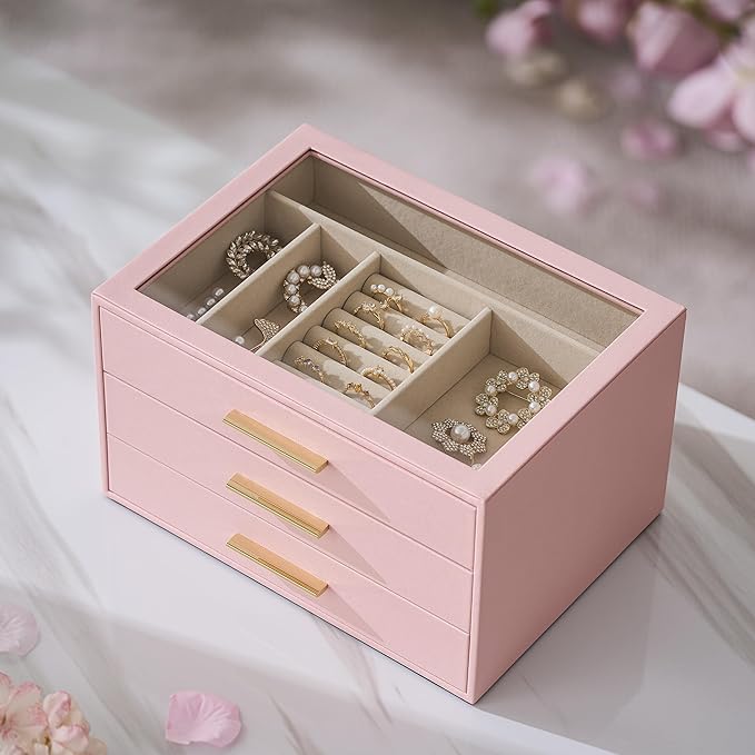 pickpiff Jewelry Box Organizer Case for Women: 3-Layer Jewelry Storage Case with Glass Window, Pink Leather with Velvet Holde
