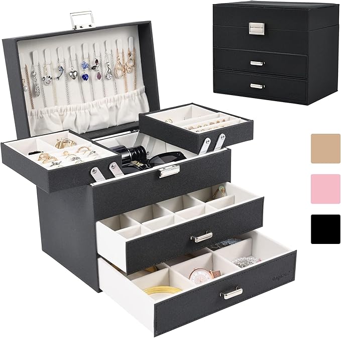 Dajasan Jewelry Organizer Box, Large Jewelry Boxes for Women Girls, Space-Saving 4 Layers Jewelry Storage Case with Drawer, M
