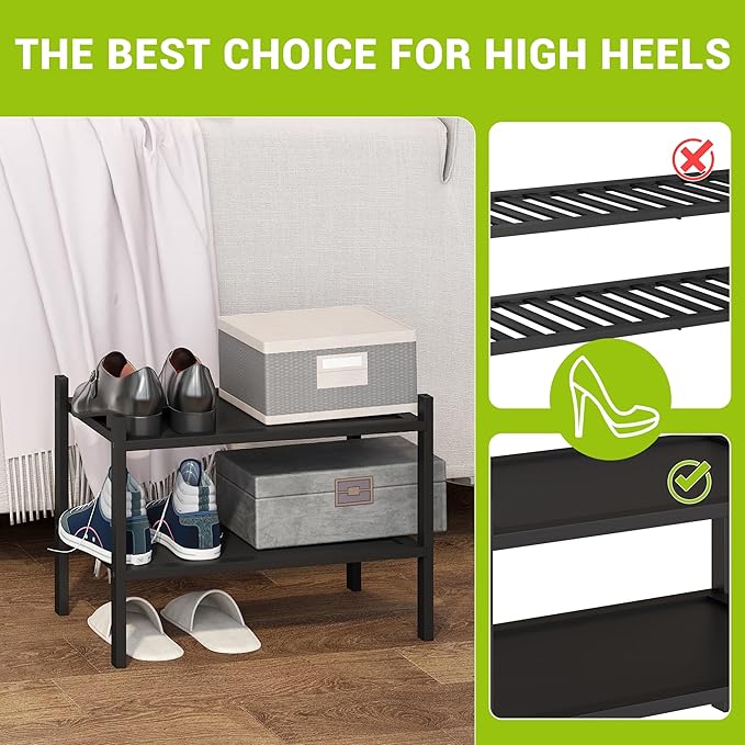 BMOSU 2-Tier Bamboo Small Shoe Rack Premium Stackable Shoe Shelf Storage Organizer for Hallway Closet Living Room Entryway Or