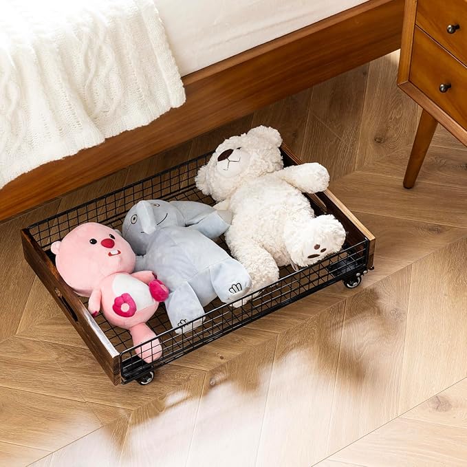 MyGift 24" Under Bed Storage Drawer Cart – Rolling Underbed Organizer Bin with Metal Wire Basket, Rustic Burnt Wood Sides, Ma