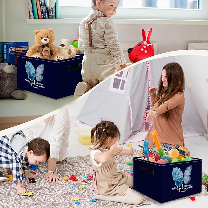 Navy Blue Christian Butterfly Foldable Storage Bins Box with Handles, With God All Things Are Possible Bible Verse Collapsibl