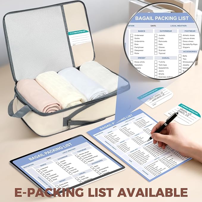 BAGAIL 6 Set Lightweight Compression Packing Cubes with Packing List, Anti-Tearing Expandable Organizer Bags for Travel, Beig