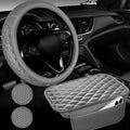CAR PASS 3D Rhombus Memory Foam Leather Steering Wheel Cover Set, Comfortable Center Console Armrest Cushion Cover with Storage Bags Non-Slip Cup Coasters, 14.5-15in Car Interior Sets, 4 PCS All Gray