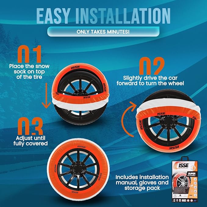 ISSE Super Snow Socks for Tires. Designed for All Tire Brands. Textile Chain Replacement for Optimal Traction in Snow & Ice. 