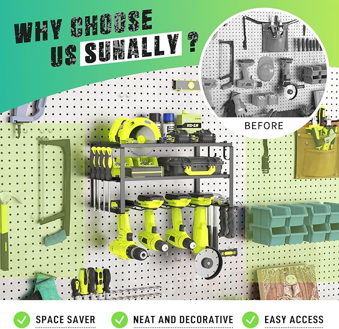 SUNALLY Power Tool Organizer, Heavy Duty Iron, 3 Layers Storage Rack with 4 Drill Holders, Floating Tool Shelf Wall Mounted, 