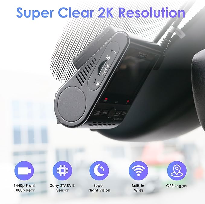 VIOFO Dual Dash Cam, 2K 1440P 60fps+1080P 30fps Front and Rear Dash Camera with Wi-Fi GPS, Parking Mode, Emergency Recording,