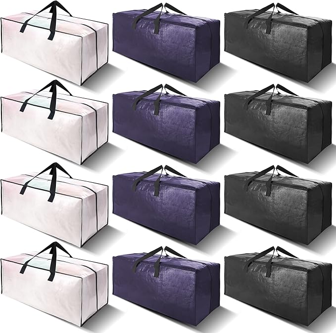 VELVETSURE 12 Pack Heavy Duty Large Moving Bags W/Backpack Straps - Strong Handles & Zippers, Storage Totes, Fold Flat, Alter