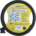 Steering Wheel Cover, Black, Real Genuine Leather, 15 inch, for Men and Women, Universal, Stretch On, Heat Resistant, Stays Cool, Non-Slip, HANWOLF