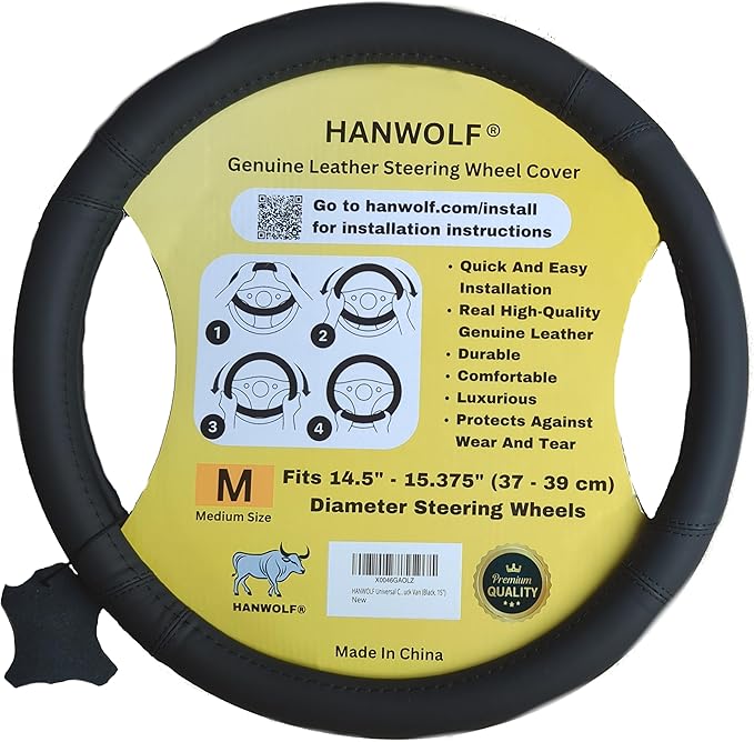 Steering Wheel Cover, Black, Real Genuine Leather, 15 inch, for Men and Women, Universal, Stretch On, Heat Resistant, Stays Cool, Non-Slip, HANWOLF