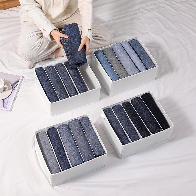 4 Packs Jeans Drawer Organizers for Clothing,5 Grids Compartment Wardrobe clothes organizer,Fabric Washable Closet Organizers