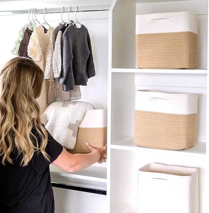 NaturalCozy Storage Cubes 11 Inch Cotton Rope Woven Baskets for Organizing, 3-Pack | Cube Storage Bin | Square Storage Basket