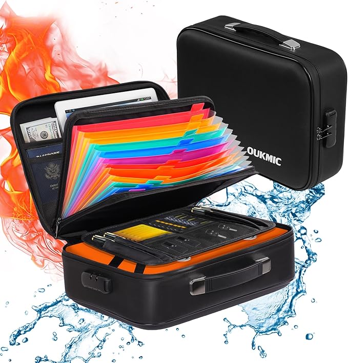 Fireproof Document Box with Lock, Hard Case Portable Water Resistant File Organizer, 16" x 12"x 6" Home Travel Office Safe St