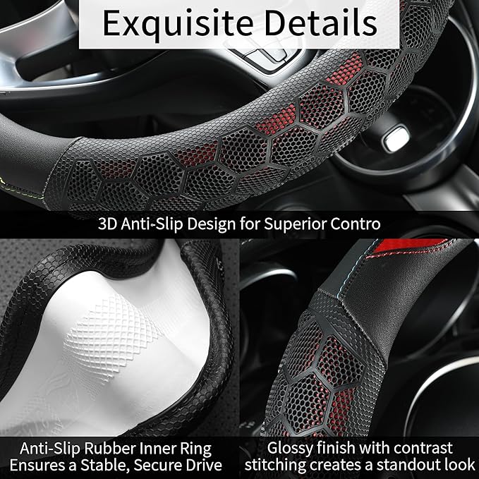 PU Leather Steering Wheel Cover 14.5-15 Inch, Carbon Fiber Style Grip, Non-Slip & Breathable, Universal for Sedan SUV Truck