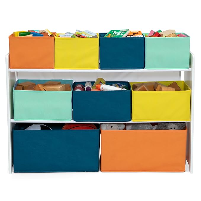 Delta Children Deluxe Multi-Bin Toy Organizer with Storage Bins - Greenguard Gold Certified, White with Navy/Green/Pastel Bin