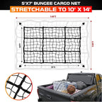 [Premium] 5'x7' Heavy Duty Cargo Net Stretches to 10' x 14', Extra Thick 10mm Cord Bungee Cargo Netting for Pickup Truck Bed, Roof Rack Net & 12 PCS Steel Carabiners
