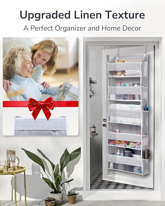 ULG 1 Pack Over Door Organizer with 5 Large Pockets 10 Mesh Side Pockets, Upgraded Linen Texture Over The Door Storage, 44 lb
