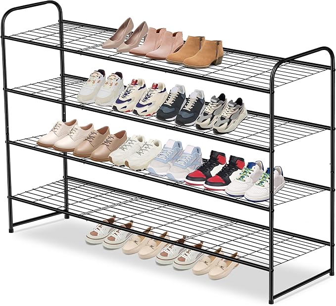 AOODA 4 Tier Long Metal Shoe Rack for Closet Wide Stackable Shoe Storage Organizer for Entryway, Bedroom, Floor, Holds 30 Pai