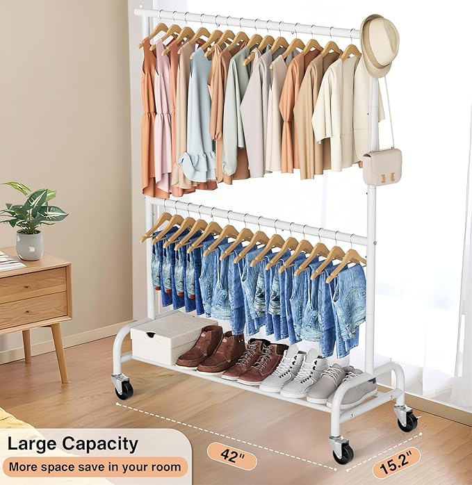 MISSLO Heavy Duty Clothing Racks for Hanging Clothes Rack Double Rod Garment Rack Rolling Closet Wardrobe Rack on Wheels, Met