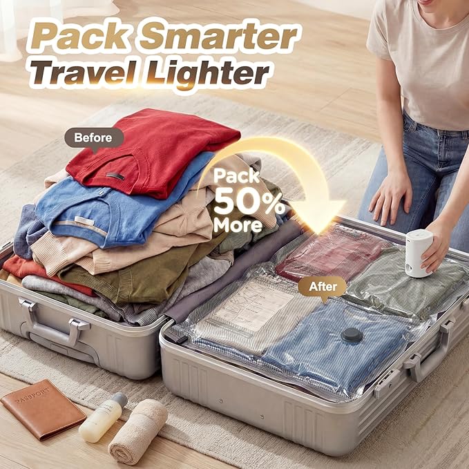 Vacuum Seal Bags for Clothing Travel with Rechargeable Electric Pump, Space Saver Vacuum Storage Bags Travel, Reusable Compre