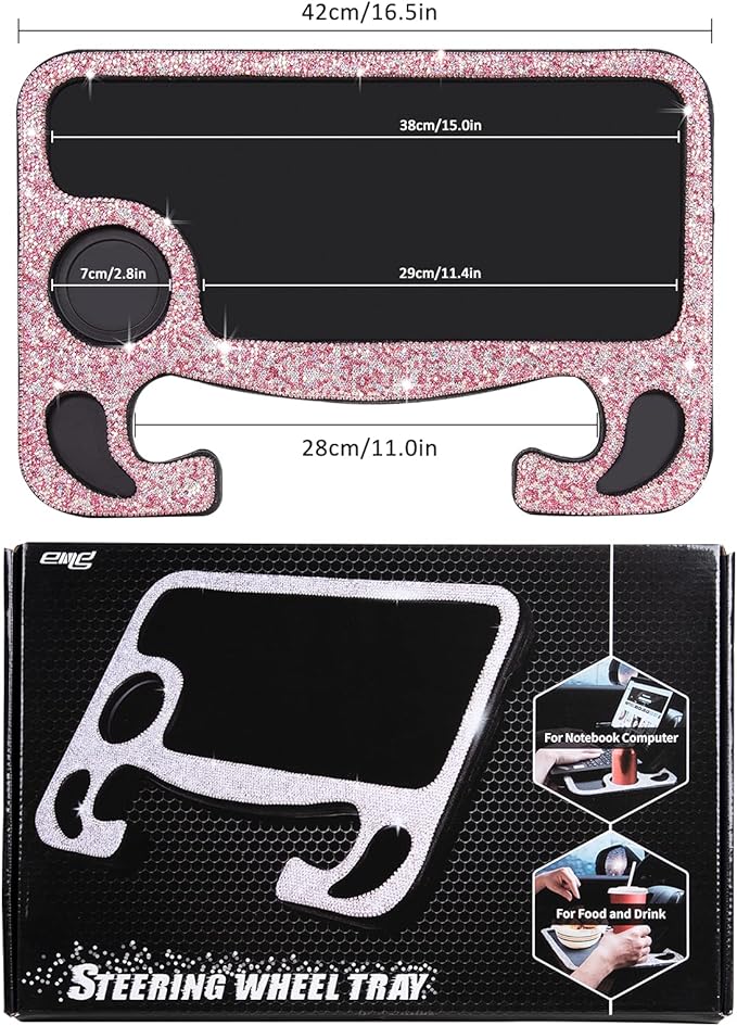 eing Bling Auto Steering Wheel Desk, Laptop,Tablet, Notebook Car Travel Table, Food Eating Hook On Steering Wheel Tray, for Constant Travelers, Fits Most Vehicles Steering Wheels,Pink