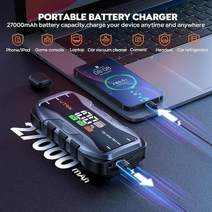UTRAI 8000A Portable Car Jump Starter, 12V Battery Jumper for All Gas & 12L Diesel Engines, 27000mAh Jump Box with 65W USB-C