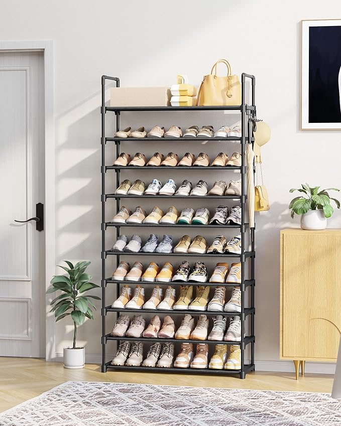 Kitsure Shoe Rack for Closet - 10-Tier Shoe Organizer with Hook Rack, Large-Capacity & Space-Saving Shoe Shelf for Entryway, 