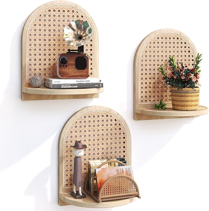 Rattan Wall Shelf Set of 3, 7''Natural Rattan Shelves with Wicker Decor, Boho Decor Small Floating Shelves for Wall, Arched S