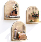 Rattan Wall Shelf Set of 3, 7''Natural Rattan Shelves with Wicker Decor, Boho Decor Small Floating Shelves for Wall, Arched S